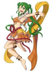 Rule 34 | 1girl, absurdres, anklet, barefoot, dancer, double bun, ebinku, fire emblem, fire emblem: genealogy of the holy war, from side, full body, green eyes, green hair, highres, jewelry, looking to the side, nintendo, one eye closed, open mouth, silvia (fire emblem), simple background, solo, twintails, white background