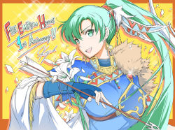 Rule 34 | anniversary, arrow (projectile), artist name, earrings, elbow gloves, feathers, fingerless gloves, fire emblem, fire emblem: the blazing blade, fire emblem heroes, flower, gloves, green eyes, highres, holding, jewelry, long hair, looking at viewer, lyn (fire emblem), nintendo, official art, open mouth, petals, ponytail, short sleeves, signature, simple background, smile, sparkle, upper body, yamada koutarou, yellow background