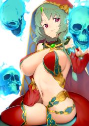 Rule 34 | 1girl, absurdres, arabian clothes, bare shoulders, blue fire, braid, breasts, closed mouth, covered erect nipples, detached sleeves, fate/grand order, fate (series), fire, flaming skull, floating skull, gem, green hair, harem outfit, highres, jewelry, large breasts, looking at viewer, medium breasts, mole, mole on breast, nanao (aoyamahikari), navel, puffy sleeves, red eyes, red thighhighs, revealing clothes, salome (fate), sideboob, simple background, single braid, sitting, skull, smirk, solo, stomach, thighhighs, thighs, veil, yokozuwari