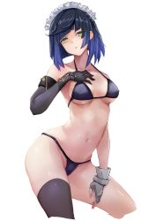 Rule 34 | 1girl, bikini, blue hair, blunt bangs, bob cut, breasts, genshin impact, gloves, green eyes, half-closed eyes, hand on own chest, highres, looking at viewer, maid headdress, medium breasts, mole, mole on breast, navel, open mouth, resolution mismatch, saya kuroha, short hair, simple background, single thighhigh, source larger, swimsuit, thighhighs, thighs, white background, yelan (genshin impact)