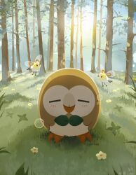 Rule 34 | blue sky, blush, brown eyes, closed eyes, closed mouth, commentary, creatures (company), cutiefly, day, english commentary, flower, flying, forest, game freak, gen 7 pokemon, grass, highres, nature, nintendo, no humans, outdoors, pokemon, pokemon (creature), rowlet, sky, squeans, sleeping, sleeping upright, sunlight, syertse, tree, yellow flower
