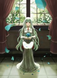 Rule 34 | 1girl, albino, blue flower, blue petals, blue rose, blunt bangs, curtains, dress, fata morgana no yakata, flower, flower brooch, full body, holding, holding flower, long dress, long hair, long sleeves, looking at viewer, moyatarou, official art, petals, red eyes, rose, sitting, solo, straight hair, the white-haired girl, white dress, white flower, white hair, white rose, window