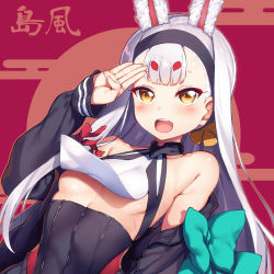 Rule 34 | 1girl, animal ears, azur lane, blush, breasts, character name, collarbone, commentary request, detached sleeves, hair between eyes, headband, highres, looking at viewer, open mouth, portrait, rabbit ears, raiou, red background, salute, shimakaze (azur lane), silver hair, small breasts, solo, underboob, yellow eyes