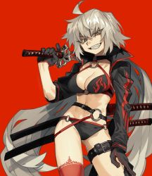 Rule 34 | 1girl, absurdres, belt, bikini, black bikini, black gloves, breasts, cleavage, fate/grand order, fate (series), gloves, grin, highres, holding, holding sword, holding weapon, jacket, jeanne d&#039;arc alter (swimsuit berserker) (fate), jeanne d&#039;arc (fate), jeanne d&#039;arc alter (fate), jeanne d&#039;arc alter (swimsuit berserker) (fate), katana, long hair, looking at viewer, navel, o-ring, o-ring bikini, over shoulder, platinum blonde hair, red background, red thighhighs, sheath, sheathed, simple background, single thighhigh, smile, solo, swimsuit, sword, sword over shoulder, teeth, thigh strap, thighhighs, very long hair, weapon, weapon over shoulder, yarawi, yellow eyes