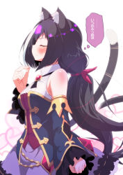 Rule 34 | 1girl, animal ear fluff, animal ears, black dress, black hair, black neckwear, black sleeves, blush, bolo tie, brooch, cat ears, cat girl, cat tail, clenched hand, closed eyes, closed mouth, commentary request, detached sleeves, dress, fang, frilled sleeves, frills, from side, frown, hair ribbon, heart, high collar, highres, holding, holding hair, jewelry, karyl (princess connect!), long hair, low twintails, princess connect!, ribbon, short dress, simple background, skin fang, sleeveless, sleeveless dress, solo, sparkle, standing, sw (taco), sweatdrop, tail, translated, twintails, white background