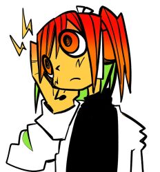 Rule 34 | 1girl, a.i. voice, adachi rei, black shirt, closed mouth, colored inner hair, colored skin, frown, green hair, hair ribbon, hand on headphones, head tilt, jacket, lightning bolt symbol, looking up, medium hair, multicolored hair, neda urara, one side up, open clothes, open jacket, orange eyes, orange hair, ribbon, shirt, simple background, solo, turtleneck, utau, white background, white jacket, white ribbon, wide-eyed, yellow skin