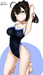 Rule 34 | 1girl, akizuki (kancolle), black hair, black headband, black one-piece swimsuit, blue one-piece swimsuit, blush, breasts, brown eyes, clothes writing, collarbone, dated, hachimaki, hairband, headband, highres, kantai collection, kneeling, long hair, medium breasts, one-piece swimsuit, ponytail, short hair, signature, smile, solo, swimsuit, two-tone swimsuit, yamazasan