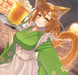 Rule 34 | 1girl, animal ear fluff, animal ears, apron, artist name, beer mug, breasts, brown hair, commission, cup, floral print, fox ears, fox girl, frilled apron, frills, froth, green kimono, highres, holding, holding tray, japanese clothes, kimono, medium breasts, mug, original, ramachiru, short hair, skeb commission, solo, tail, tray, waitress, white apron, wide sleeves, yellow eyes