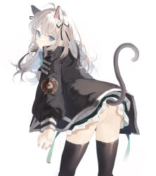 Rule 34 | 1girl, absurdres, animal ears, arknights, ass, black choker, black jacket, black ribbon, black thighhighs, blue eyes, breasts, cat ears, cat tail, choker, commentary request, dress, feet out of frame, from behind, hair ribbon, hatachi8p, highres, holding, holding staff, jacket, long hair, long sleeves, looking at viewer, looking back, mint (arknights), no panties, open clothes, open jacket, ribbon, short dress, silver hair, small breasts, solo, staff, tail, thighhighs, white background, white dress, white footwear, zettai ryouiki