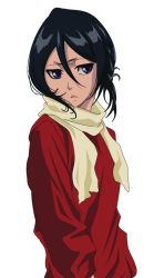 Rule 34 | 1girl, black hair, bleach, blouse, blue eyes, breasts, closed mouth, facing viewer, hair between eyes, half-closed eyes, highres, kuchiki rukia, looking to the side, medium hair, red shirt, scarf, serious, shirt, simple background, solo, standing, white background