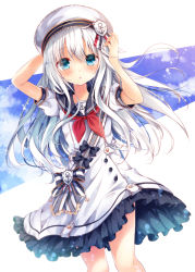 Rule 34 | 1girl, anchor symbol, aqua eyes, arm up, beret, bow, bowtie, commentary request, cosplay, dress, frilled skirt, frills, hat, hibiki (kancolle), holding, holding hat, kantai collection, long hair, looking at viewer, lost tree, neckerchief, nogi takayoshi, sailor dress, school uniform, serafuku, skirt, solo, white hair
