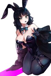 Rule 34 | 1girl, artemis of the blue, black gloves, black hair, black leotard, black pantyhose, blue bow, blue bowtie, blue tongue, bow, bowtie, breasts, bunny day, cleavage, colored tongue, gloves, highres, indie virtual youtuber, large breasts, leotard, long hair, looking at viewer, mole, mole under eye, pantyhose, seiza, sitting, solo, suprhiro, tongue, tongue out, virtual youtuber