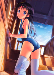 Rule 34 | 1girl, :o, ass, bad id, bad nicoseiga id, bare arms, bare shoulders, blue sky, blue one-piece swimsuit, blush, breasts, building, casual one-piece swimsuit, child, cloud, day, eyebrows, from behind, house, kneeling, long hair, no shoes, one-piece swimsuit, open mouth, original, outdoors, railing, school swimsuit, shadow, sky, small breasts, soles, solo, stairs, summer, sunlight, swimsuit, takoyaki (roast), tareme, thighhighs, white thighhighs, window, windowsill