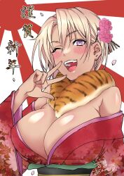Rule 34 | 1girl, ;d, artist name, ashiona comic, blonde hair, blush, breasts, cleavage, commentary request, dark-skinned female, dark skin, floral print, flower, fur collar, hair flower, hair ornament, hairpin, happy new year, japanese clothes, kibi anmitsu, kimono, large breasts, looking at viewer, new year, obi, off shoulder, one eye closed, open mouth, original, print kimono, purple eyes, red kimono, rising sun flag, sash, short hair, signature, smile, solo, sunburst, translated, upper body, w