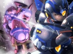 Rule 34 | 1girl, 2boys, android, arm cannon, armor, brother and sister, carrying, closed eyes, colonel (mega man), gloves, hat, helmet, iris (mega man), long hair, low-tied long hair, mega man (series), mega man x4, mega man x (series), multiple boys, napo, power armor, princess carry, siblings, ultimate armor x (mega man), unconscious, very long hair, weapon, white gloves, x (mega man)