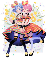 Rule 34 | 1boy, 1girl, :d, black footwear, blue eyes, blue hair, bow, bow choker, braid, brother and sister, closed eyes, commentary request, confetti, cropped shirt, dorothy west, floral background, flower, full body, hair bow, high-low skirt, holding hands, inogashi, looking at viewer, midriff, mole, mole under eye, multicolored clothes, multicolored shirt, multicolored skirt, one eye closed, open mouth, over-kneehighs, pink hair, pretty series, pripara, reona west, shoes, short hair, siblings, skirt, smile, standing, standing on one leg, thighhighs, trap, twins, yellow flower