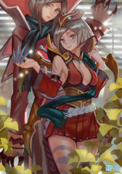 Rule 34 | 1boy, 1girl, alternate costume, alternate eye color, alternate hairstyle, arthropod girl, blood moon elise, blue eyes, breasts, canking, cleavage, coat, detached sleeves, elise (league of legends), height difference, highres, insect girl, league of legends, long hair, long sleeves, looking at viewer, miniskirt, red coat, scarf, short hair, silver hair, skirt, smile, spider girl, vampire, vladimir (league of legends), wide sleeves