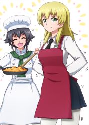 Rule 34 | 2girls, anzio school uniform, apron, arms behind back, ascot, black hair, black neckwear, black skirt, blonde hair, braid, carpaccio (girls und panzer), chef, chef hat, closed mouth, commentary, dress shirt, emblem, facing viewer, girls und panzer, green eyes, green neckwear, hat, highres, holding, long hair, long sleeves, looking at viewer, miniskirt, motion lines, multiple girls, necktie, omachi (slabco), open mouth, pantyhose, pepperoni (girls und panzer), pleated skirt, red apron, school uniform, shirt, short hair, side braid, frying pan, skirt, smile, standing, waist apron, white apron, white headwear, white legwear, white shirt, wooden spoon