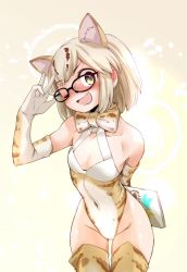 Rule 34 | 10s, 1girl, adapted costume, animal ears, black-framed eyewear, blonde hair, blush, bow, bowtie, cat ears, cat tail, commentary request, cowboy shot, elbow gloves, ez6, fang, glasses, gloves, highleg, highleg leotard, kemono friends, kittysuit, leaning forward, leotard, margay (kemono friends), margay print, multicolored clothes, nontraditional playboy bunny, open mouth, short hair, sleeveless, solo, tail, thighhighs