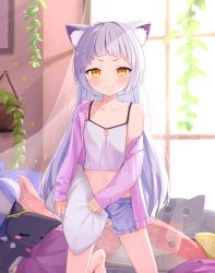 Rule 34 | 1girl, absurdres, animal ear fluff, animal ears, blush, camisole, cat ears, closed mouth, crop top, frilled shorts, frills, grey hair, hanging plant, highres, holding, holding pillow, hololive, jacket, kneeling, long hair, long sleeves, looking at viewer, murasaki shion, neko (minato aqua), open clothes, open jacket, orange eyes, oudon (udonnaiyo), pillow, pink jacket, purple shorts, shiokko (murasaki shion), shirt, short eyebrows, short shorts, shorts, smile, solo, stuffed animal, stuffed shark, stuffed toy, v-shaped eyebrows, very long hair, virtual youtuber, white shirt