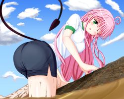 Rule 34 | 1girl, ahoge, artist request, ass, blush, breasts, demon girl, demon tail, green eyes, gym uniform, highres, lala satalin deviluke, leaning, leaning forward, long hair, mud, one eye closed, open mouth, pink hair, shiny skin, shorts, solo, tail, to love-ru, very long hair, wince