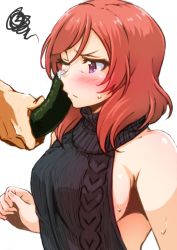 Rule 34 | 1girl, ayumu-k, backless outfit, black sweater, blush, breasts, clenched hand, ehoumaki, food, frown, highres, large breasts, love live!, love live! school idol project, makizushi, medium hair, meme attire, nishikino maki, one eye closed, purple eyes, red hair, rubbing, sexually suggestive, sideboob, simple background, solo focus, squiggle, sushi, sweat, sweater, upper body, virgin killer sweater, white background