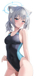 1girl absurdres animal_ears bare_arms bare_shoulders black_one-piece_swimsuit blue_archive blue_eyes breasts clothes_pull competition_swimsuit covered_navel cowboy_shot extra_ears fox_ears grey_hair halo highleg highleg_one-piece_swimsuit highres long_hair looking_at_viewer medium_breasts mismatched_pupils nannung official_alternate_costume one-piece_swimsuit one-piece_swimsuit_pull ponytail pulling_own_clothes shiroko_(blue_archive) shiroko_(swimsuit)_(blue_archive) simple_background solo standing swimsuit thighs white_background