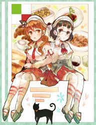 Rule 34 | 10s, 2girls, bare shoulders, black cat, blunt bangs, border, breasts, brown hair, capelet, cat, coffee cup, croissant, cup, detached sleeves, disposable cup, drinking glass, eyewear strap, food, garter straps, glasses, green border, hand on own cheek, hand on own face, heart, highres, italian flag, italy, itomugi-kun, kantai collection, large breasts, littorio (kancolle), long hair, miniskirt, multiple girls, necktie, red skirt, roma (kancolle), shirt, short hair, sitting, skirt, thighhighs, wavy hair, wine glass, zettai ryouiki