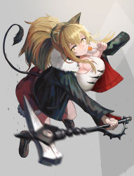Rule 34 | 1girl, animal ears, arknights, bare legs, bent over, black choker, black footwear, black jacket, blonde hair, boots, breasts, candy, choker, cleavage, commentary, food, from above, full body, fur-trimmed jacket, fur trim, grey background, hair between eyes, hammer, highres, holding, holding candy, holding food, holding lollipop, holding weapon, jacket, jacket on shoulders, large breasts, leaning forward, lion ears, lion tail, lollipop, long hair, looking to the side, mannouyakunta, motion blur, open clothes, open jacket, ponytail, red shorts, short shorts, shorts, siege (arknights), simple background, sledgehammer, solo, studded choker, tail, tank top, thighs, weapon, white tank top, yellow eyes