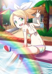 Rule 34 | 1girl, aqua eyes, bad id, bad pixiv id, bikini, blonde hair, day, hair ornament, hair ribbon, hairclip, kagamine rin, looking at viewer, looking back, nekota susumu, open mouth, outdoors, pool, project diva (series), project diva f, ribbon, short hair, smile, solo, striped bikini, striped clothes, summer idol (vocaloid), swimsuit, v, vocaloid