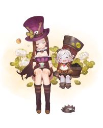 Rule 34 | 2girls, ^ ^, blush, boots, breasts, brown gloves, brown hair, caitlyn (league of legends), cleavage, clover, clover (flower), cup, cupcake, dress, closed eyes, flower, food, four-leaf clover, gloves, gwayo, happy, hat, highres, league of legends, long hair, multiple girls, open mouth, pointy ears, purple dress, short hair, sitting, smile, spade, teacup, tristana, white background, white hair, yordle