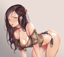 Rule 34 | 1girl, ass, bare shoulders, bent over, bikini, bindi, black bikini, black choker, black hair, black shirt, blush, breasts, choker, cleavage, commission, flower, gradient background, hair flower, hair ornament, hibiscus, knsei, long hair, looking at viewer, medium breasts, nose blush, o-ring, o-ring bikini, o-ring bottom, original, red flower, see-through, shirt, side-tie bikini bottom, smile, solo, string bikini, sweat, swept bangs, swimsuit, yellow eyes