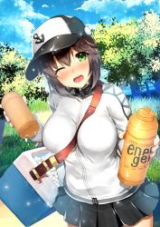Rule 34 | 10s, 1girl, ;d, anchor print, b-ginga, baseball cap, between breasts, black skirt, blue sky, blush, bottle, breasts, brown hair, cloud, cloudy sky, cooler, cowboy shot, day, dutch angle, energy drink, grass, green eyes, hair between eyes, hat, hayasui (kancolle), holding, holding bottle, jacket, kantai collection, large breasts, long sleeves, looking at viewer, miniskirt, offering drink, one eye closed, open mouth, outdoors, pleated skirt, religious offering, short hair, skirt, sky, smile, solo, strap between breasts, teeth, track jacket, tree, white jacket