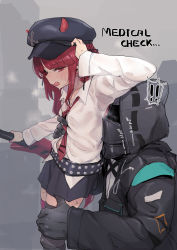Rule 34 | !, !!, 1boy, 1girl, arknights, armpits, asymmetrical legwear, bee (deadflow), belt, black coat, black skirt, black thighhighs, coat, collared shirt, commentary request, covered face, doctor (arknights), electric guitar, english text, fang, gloves, grey gloves, grey headwear, guitar, hand up, hat, helmet, highres, holding, holding instrument, hood, hood up, hooded coat, horns, horns through headwear, instrument, long hair, long sleeves, mismatched legwear, navel, necktie, open mouth, popped collar, print headwear, red eyes, red hair, red neckwear, red thighhighs, revision, shirt, skirt, smell, smelling, standing, studded belt, sweat, thighhighs, vigna (arknights), white shirt, wing collar