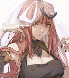 Rule 34 | 1girl, black nails, breasts, cleavage cutout, clothing cutout, commentary request, highres, hololive, hololive english, komiyam a, long hair, mori calliope, nail polish, parted lips, pink eyes, pink hair, teeth, tiara, veil, virtual youtuber