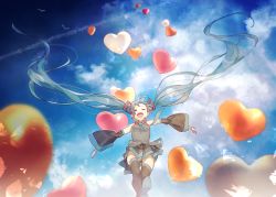 Rule 34 | 1girl, ^ ^, absurdly long hair, aqua necktie, balloon, blue hair, boots, closed eyes, cloud, cloudy sky, commentary request, contrail, detached sleeves, hatsune miku, heart balloon, hotechige, long hair, miniskirt, necktie, open mouth, outstretched arms, pleated skirt, skirt, sky, smile, solo, spread arms, thigh boots, thighhighs, twintails, very long hair, vocaloid, wide sleeves