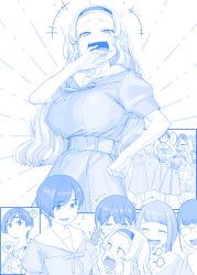 Rule 34 | 6+girls, :d, ?, belt, blue theme, breasts, commentary request, fangs, getsuyoubi no tawawa, hairband, hand on another&#039;s head, heart, height difference, highres, himura kiseki, large breasts, laughing, long hair, looking at another, looking at viewer, looking down, looking up, monochrome, multiple girls, ojou-sama pose, open mouth, petting, school uniform, serafuku, short hair, short sleeves, shortstack, skirt, smile, spoken heart, spoken question mark, standing, tomboy