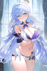 Rule 34 | 1girl, adapted costume, arm under breasts, bikini, bikini top pull, breasts, cleavage, commentary request, detached collar, detached sleeves, elbow gloves, feathered wings, gloves, green eyes, grey hair, hair between eyes, halo, head wings, highres, honkai: star rail, honkai (series), jewel under eye, large breasts, long hair, looking at viewer, machi (7769), navel, patreon username, pulling own clothes, robin (honkai: star rail), smile, solo, swimsuit, white bikini, white gloves, white wings, wings