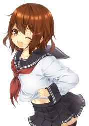 Rule 34 | 1girl, ;d, anchor symbol, black skirt, black thighhighs, blush, brown eyes, brown hair, clothes lift, commentary request, fang, hair ornament, hairclip, ikazuchi (kancolle), jewelry, kantai collection, kouji (campus life), lifting own clothes, long sleeves, looking at viewer, navel, neckerchief, one eye closed, open mouth, pleated skirt, red neckerchief, ring, sailor collar, school uniform, serafuku, shirt lift, short hair, simple background, skirt, smile, solo, thighhighs, wedding band, white background