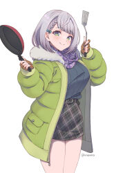 Rule 34 | 1girl, belt, blush, braid, breasts, coat, fur trim, green eyes, grey hair, highres, hololive, large breasts, long sleeves, looking at viewer, ribbed sweater, scarf, shirogane noel, short hair, simple background, frying pan, skirt, smile, solo, spatula, standing, sweater, twitter username, vinhnyu, virtual youtuber, white background, winter clothes