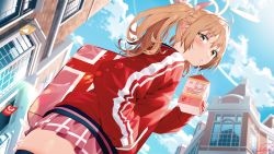 Rule 34 | 1girl, ahoge, black thighhighs, blew andwhite, blue archive, blue sky, blush, brown eyes, brown hair, building, city, cityscape, cloud, commentary request, convenience store, day, drinking, drinking straw, drinking straw in mouth, dutch angle, hair ribbon, halo, highres, holding, jacket, juice box, long hair, long sleeves, looking at viewer, milk, milk carton, miniskirt, outdoors, partial commentary, pleated skirt, red jacket, ribbon, school, school uniform, shop, skirt, sky, skyscraper, solo, thighhighs, track jacket, twintails, yoshimi (blue archive)