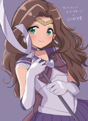 Rule 34 | 1girl, bishoujo senshi sailor moon, blush, bow, bowtie, breasts, brooch, brown hair, character name, choker, closed mouth, collarbone, cosplay, dot nose, dress bow, earrings, elbow gloves, gloves, green eyes, heart, heart brooch, highres, holding, holding weapon, idolmaster, idolmaster cinderella girls, idolmaster cinderella girls starlight stage, jewelry, kahiika, kusakabe wakaba, long hair, looking at viewer, magical girl, purple bow, purple bowtie, purple choker, purple sailor collar, purple skirt, sailor collar, sailor saturn, sailor saturn (cosplay), sailor senshi uniform, skirt, small breasts, smile, solo, star (symbol), star choker, thick eyebrows, wavy hair, weapon, white gloves