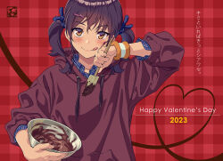 Rule 34 | 1girl, 2023, :q, black hair, blue shirt, bowl, brown eyes, chocolate, closed mouth, collarbone, collared shirt, commentary request, drawstring, dress shirt, hair between eyes, hair ornament, hairclip, happy valentine, heart, holding, holding bowl, hood, hood down, hoodie, long sleeves, looking at viewer, mixing bowl, original, pairan, plaid, plaid background, plaid shirt, puffy long sleeves, puffy sleeves, purple hoodie, red background, shirt, smile, solo, spatula, tongue, tongue out, translation request, twintails, valentine
