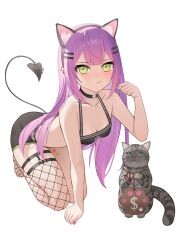 Rule 34 | 1girl, all fours, alternate hairstyle, animal ears, belt, black choker, black hairband, black shirt, black shorts, blush, breasts, cat, cat ears, choker, cleavage, closed mouth, collarbone, commentary, demon tail, ear piercing, earclip, fake animal ears, fishnet thighhighs, fishnets, full body, green eyes, green nails, hair down, hair ornament, hairband, hairclip, halterneck, heart, heart tattoo, highres, hololive, jmao, kotaro (tokoyami towa), leg tattoo, long hair, looking at viewer, medium breasts, multicolored hair, multicolored nails, nail polish, no shoes, o-ring, o-ring choker, paw pose, piercing, pink hair, pink nails, purple hair, shirt, short shorts, shorts, simple background, single thighhigh, skindentation, solo, tail, tail ornament, tail piercing, tattoo, thighhighs, toenail polish, toenails, tokoyami towa, two-tone hair, virtual youtuber, wavy mouth, white background, white belt