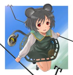 Rule 34 | 1girl, animal ears, bad id, bad pixiv id, basket, female focus, full body, grey hair, jewelry, mouse (animal), mouse ears, mouse tail, namine0079, nazrin, outdoors, pendant, plant, red eyes, short hair, sky, solo, tail, touhou