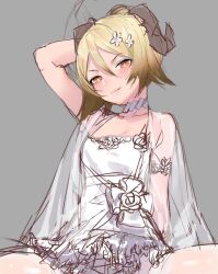 Rule 34 | 1girl, arknights, bad id, bad pixiv id, blonde hair, dress, flower, gree4, hair flower, hair ornament, horns, ifrit (arknights), pale skin, solo, source request, wedding dress, white dress, yellow eyes