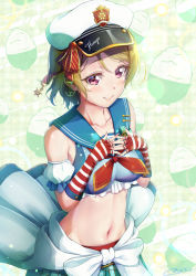 Rule 34 | 1girl, anchor earrings, anchor symbol, artist name, artist request, bare shoulders, blouse, blue shirt, blue skirt, blush, breasts, brown hair, checkered clothes, checkered skirt, clothes around waist, collarbone, earrings, female focus, fingerless gloves, fingers together, gloves, hair between eyes, highres, jacket, jacket around waist, jewelry, koizumi hanayo, looking at viewer, love live!, love live! school idol festival, love live! school idol project, medium breasts, nail, nail polish, neckerchief, novady, parted lips, pink nails, pink nails, puffy short sleeves, puffy sleeves, purple eyes, red gloves, red neckerchief, red ribbon, ribbon, sailor collar, shirt, short hair, short sleeves, skirt, smile, solo, white headwear, white jacket