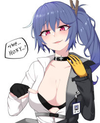 Rule 34 | 1girl, bikini, bikini under clothes, black bikini, black gloves, blue hair, blush, breasts, child (isoliya), cleavage, coat, collarbone, collared shirt, commentary, earrings, fingerless gloves, girls&#039; frontline, gloves, grey coat, hair between eyes, hair ornament, hairclip, hands up, jewelry, k11 (girls&#039; frontline), korean text, large breasts, leather choker, long hair, long sleeves, messy hair, multiple straps, name tag, open clothes, open mouth, partially unbuttoned, pointing, pointing at self, red eyes, shaded face, shirt, side ponytail, sidelocks, simple background, smile, solo, speech bubble, stud earrings, swimsuit, teeth, upper teeth only, white background, white shirt, yellow gloves