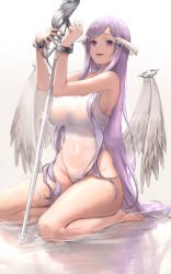 Rule 34 | 1girl, :d, absurdres, angel wings, bare arms, bare legs, bare shoulders, barefoot, blush, breasts, chain, competition swimsuit, covered navel, cuffs, feathered wings, handcuffs, highleg, highleg swimsuit, highres, huge filesize, large breasts, long hair, one-piece swimsuit, open mouth, pigone, purple eyes, purple hair, quinella, reflection, shallow water, simple background, sitting, smile, solo, straight hair, swimsuit, sword, sword art online, sword art online: alicization, very long hair, water, weapon, white background, white one-piece swimsuit, white wings, wings