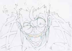 Rule 34 | 1boy, chair, commentary, crazy eyes, crazy smile, evil grin, evil smile, glasses, grill, grin, highres, key frame, kill la kill, laughing, official art, parody, partially colored, production art, production note, promotional art, signature, simple background, sitting, sketch, smile, takarada kaneo, teeth, trigger (company), white background, yakuza